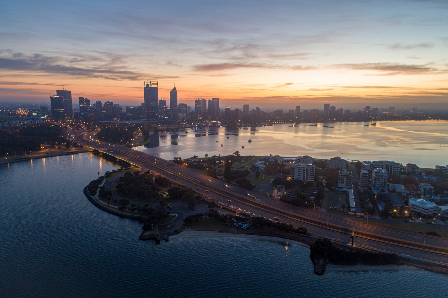 aerial view on Swan river and Perth skyline